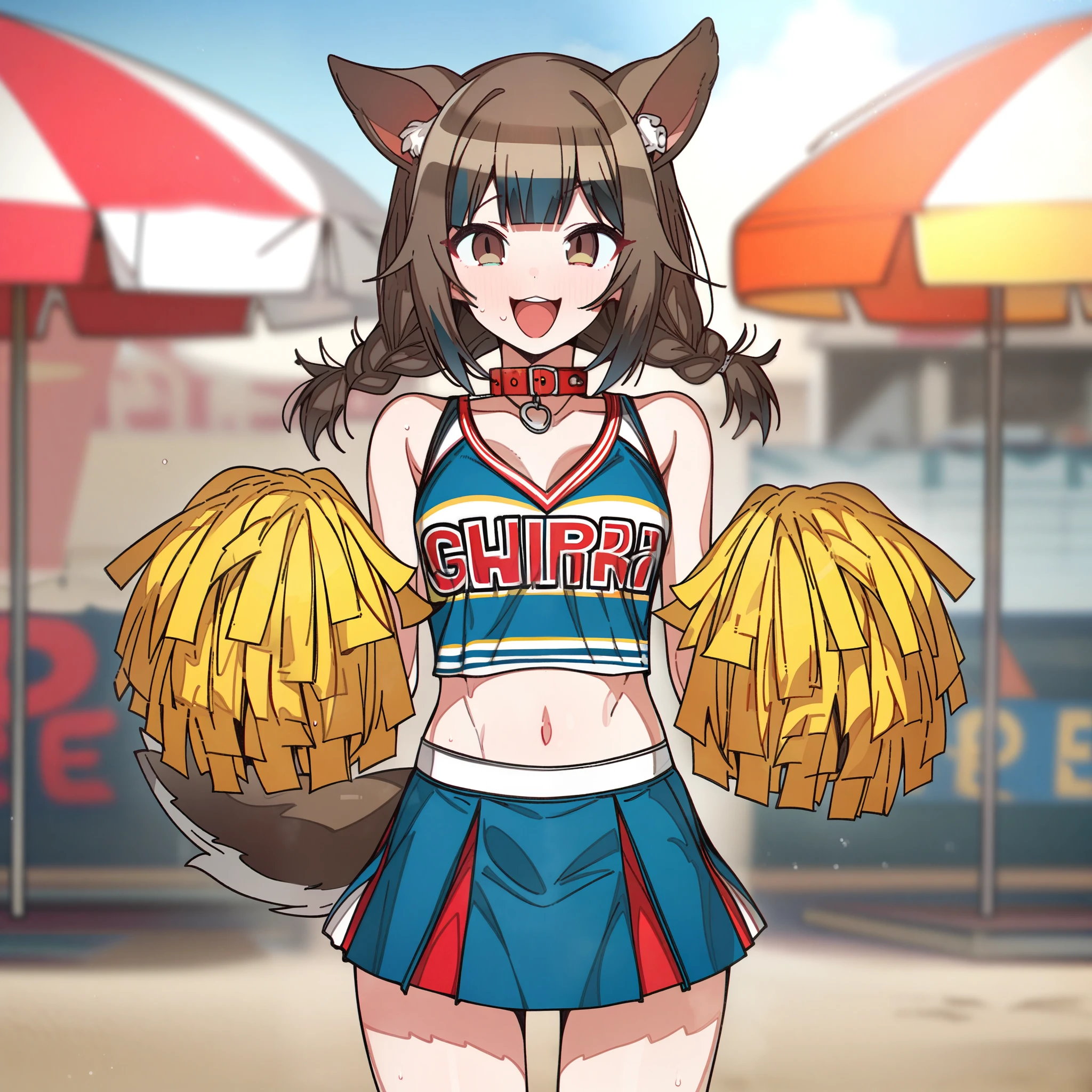 gawr_gura with brown hair and brown eyes, Artist, erere, Copyrights, idolmaster, idolmaster_shiny_colors, Character, General, 1girl, brown_hair, blunt_bangs, blush, medium_breasts, breasts, smile, brown_eyes, censored, cheerleader, crop_top, pom_pom_(cheerleading):0.7, skirt, navel, dog_tail, animal_collar, twin_braids, dog_ears, bone_hair_ornament, raised_eyebrows, :d:0.5, teeth, raised_eyebrows, (full_body) (standing in middle, beach_umbrella), sky:0.7, detailed, sand, outdoors, from_side, looking_at_viewer, masterpiece, best_quality, great_quality, girl, solo, center_composition, centered character, cute