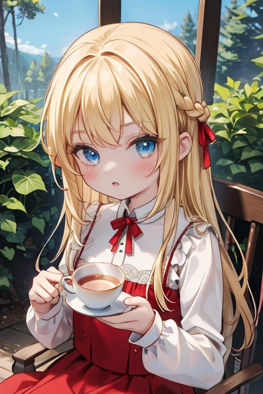 (8k, highest quality, Tabletop:1.2)、Ultra-high resolution, Detailed face, One 10-year-old girl, blue eyes, Blonde, Braid, Long Hair, Red ribbon on head, Red dress, blue sky, in the forest, wood, table cloth, Set of cake and tea on the table, Sit on a chair、wedding dress