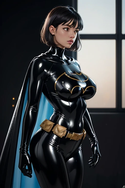 (ultra realistic,32k, masterpiece:1.2),(high detailed skin:1.1),( high quality:1.1), 
cassandra, black hair, short hair, cape, bodysuit, black bodysuit, belt, belt pouch, black gloves, black pants, shiny latex, , huge breast,Leaning on an invisible window2
,(glow in the dark:1.1),  blank background