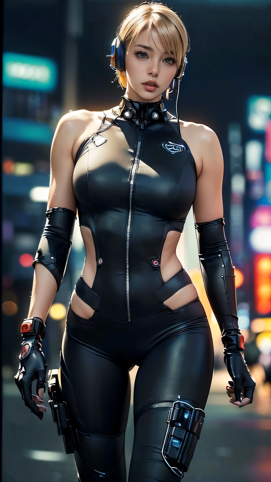 (One Woman),(((A female special forces member is standing))),((White tactical bodysuit:1.5)),((headset:1.5)),((Tactical Holster:1.5)),(Gloves:1.5),(Serious:1.5),(extra short hair:1.5),(Blonde:1.5),(Beautiful Eyes:1.3),(Very detailedな顔:1.5),((Very detailedな女性の手の描画:1.5)),((Muscular:1.5)),(Sexy Looks:1.5),((Thick thighs:1.5)),(Beautiful body:1.5),((Very sensual:1.5)),(The background is a futuristic city:1.5),(Cyberpunk atmosphere:1.5),(((Blur the background:1.5))),(Written boundary depth:1.5),BREAK(((masterpiece:1.5),(highest quality:1.5),(Very detailed:1.5),(High resolution:1.5),(Realistic:1.5),(Realistic:1.5),(Delicate depiction),(Careful depiction))),8k,wallpaper