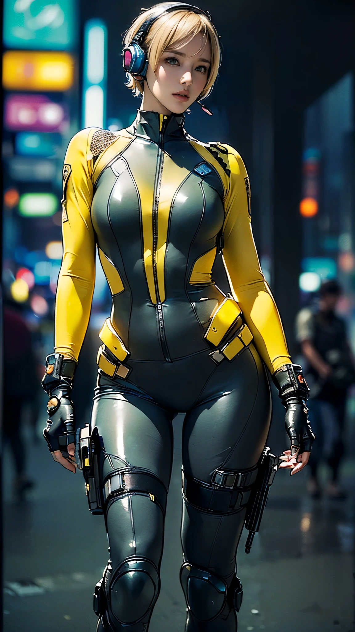 (One Woman),(((A female special forces member is standing))),((Yellow tactical bodysuit:1.5)),((headset:1.5)),((Tactical Holster:1.5)),(Gloves:1.5),(Serious:1.5),(extra short hair:1.5),(Blonde:1.5),(Beautiful Eyes:1.3),(Very detailedな顔:1.5),((Very detailedな女性の手の描画:1.5)),((Muscular:1.5)),(Sexy Looks:1.5),((Thick thighs:1.5)),(Beautiful body:1.5),((Very sensual:1.5)),(The background is a futuristic city:1.5),(Cyberpunk atmosphere:1.5),(((Blur the background:1.5))),(Written boundary depth:1.5),BREAK(((masterpiece:1.5),(highest quality:1.5),(Very detailed:1.5),(High resolution:1.5),(Realistic:1.5),(Realistic:1.5),(Delicate depiction),(Careful depiction))),8k,wallpaper