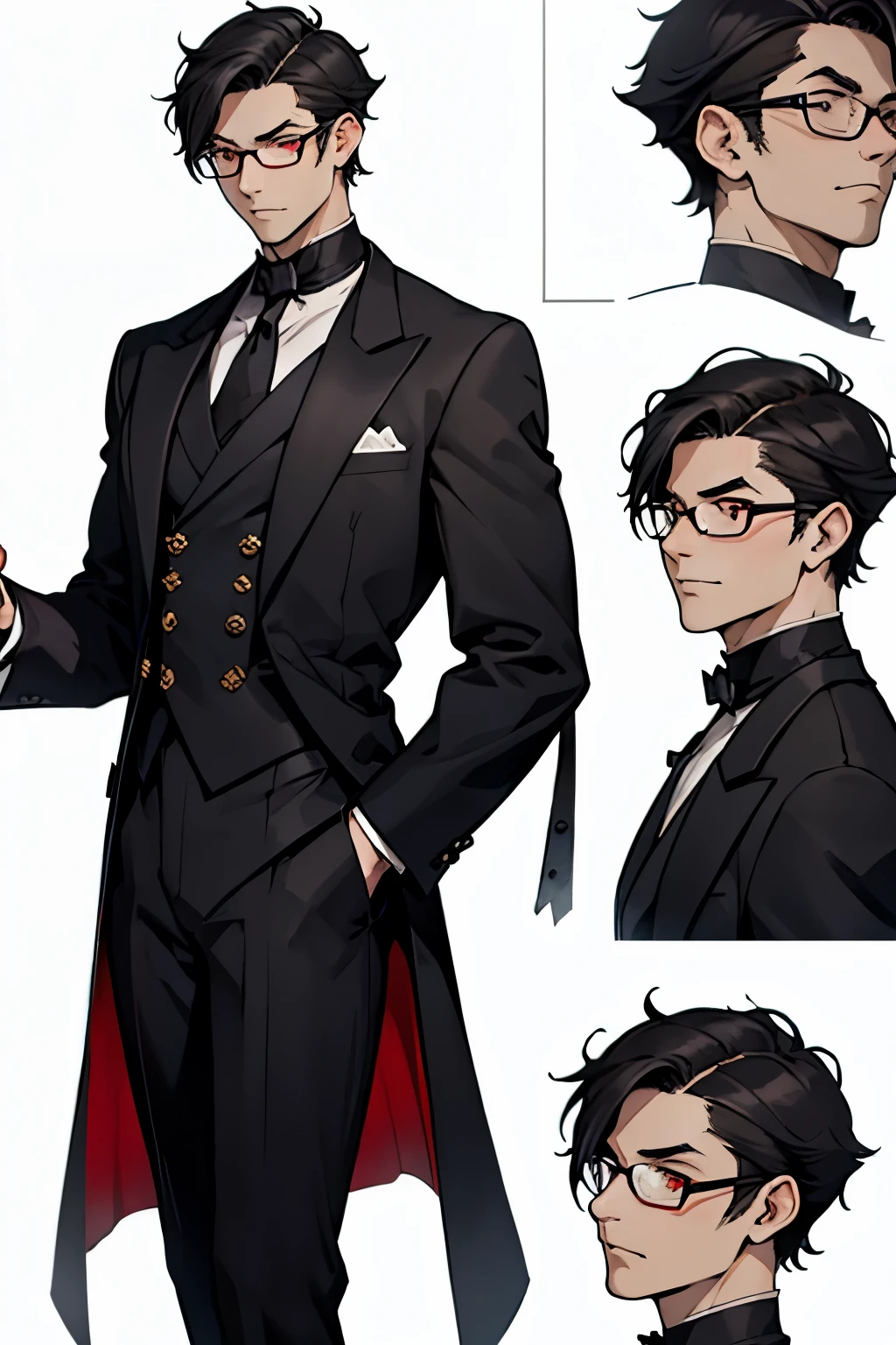 1 male, white background, character sheet, character design, butler, black short hair, very short hair, kuroshitsui claude, suspicious evil man in disguise, elegant butler, fantasy noble mansion, white background character design, character sheet, looking at camera, anime, pixel art, pocket watch, red eyes, slim face, tall, handsome, glasses, short hair, detailed face, no bangs on his face, serious look, creepy smile, focus face