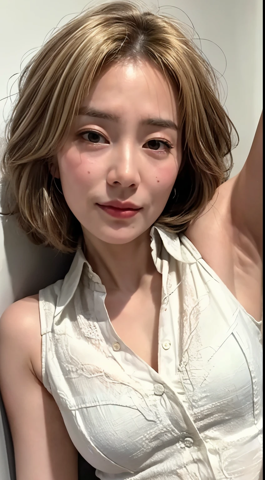 (Realistic:1.3、Ultra HD、Ultra-high resolution、8k、Japanese Housewife、At work、In the bedroom、bed)、((Look Viewer:1.8))、(Extremely realistic skin texture:1.4)、(Realistic:1.3)、short hair、(Embarrassed look:1.6)、(blonde:1.1)、(40-year-old woman、Mature Woman)、Ponytail hairstyle、(Raise your arms high to show your armpits:1.5)、(Armpit close-up:1.65)、(Shooting from the side:1.2)、necklace、Earrings