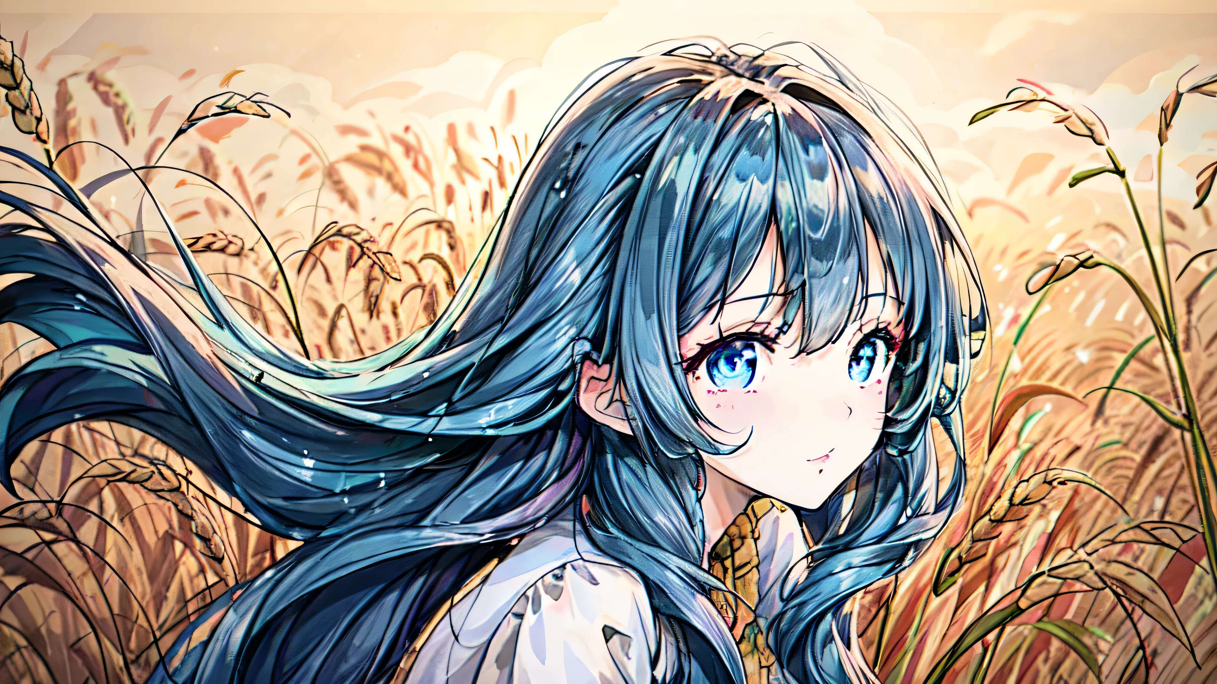 1 Girl, long hair, blue eyes, Endless golden wheat fields,