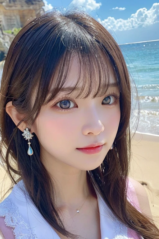 ★composition:(The whole body is projected)★quality:(2 girls), (Perfect hands:1.2), (Perfect Anatomy:1.2), (best quality:1.3), (masterpiece:1.3), (Very detailed:0.8), , 完璧なface, かわいくて左右対称のface, 童face, Pink Lips, (:1.1), High resolution, High resolution, CG Unity 8k, Nice hands, throw, top quality, ★performance:(笑face:1.3), (:1.4), Happy, charm的な, faceを見て感じる, (Look at other people:1.3), looking up★被写体:(toru asakura: 1.3), ★face:detailed face, (beautiful face: 1.1), beautiful girl, cute, charm, beautiful detailed face, ★eye:blue eyes, detailed eyes, キラキラしたeye, charm的なeyeの反射, キラキラ輝くeye元, Pupil depth and three-dimensional effect, 虹彩の色の微妙な変化 ★イルミネーション:Light of the sun, ★chest: 小さなchest、Detailed skin, (chestの谷間:1.4), Shiny skin, ★hair: :(Wolf Cut)★style: animation, shape, (Wet:1.2), ★environment:Ocean, cloud, Day, Beach, ★Costumes :(pachinko: 1.3), , jewelry, Earrings, necklace, Earrings, accessories, ★One:Small Head, ★action: