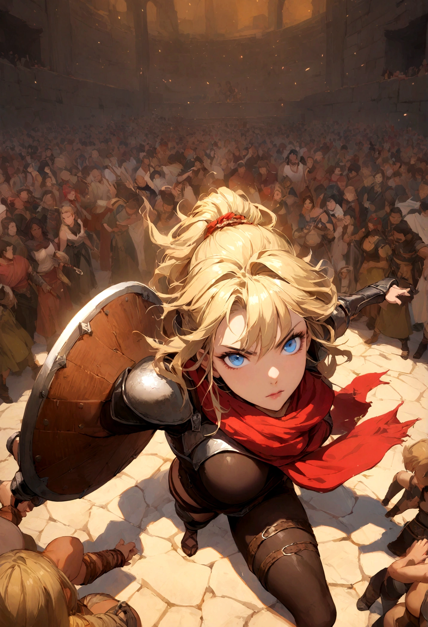 ((masterpiece, highest quality, High resolution)), ((Highly detailed CG integrated 8K wallpaper)), (Huge and stunning goddess shot, Very hot and sexy, Incredible beauty, Perfect balance, Beautiful body, Slim body beauty:1.1), Arafed woman in armor holding sword and shield, Portrait of a savage woman画, north Woman warrior, Very beautiful berserker woman, north adult Woman warrior, Female savage, Woman warrior, Portrait of a savage woman, 野蛮なWoman warrior, very beautiful Female savage, Barbarian Class, Portrait of a Female Warrior, RPG Portrait Concept Art, (Beautiful warrior, Carrying a dagger and a small shield, Wearing a red scarf, Leather Armor), (Blonde Hair, blue eyes, Dark Skin), (amphitheater, Fighting while being watched by the crowd, Motion Blur), (Combat Stance, View from above:1.2),