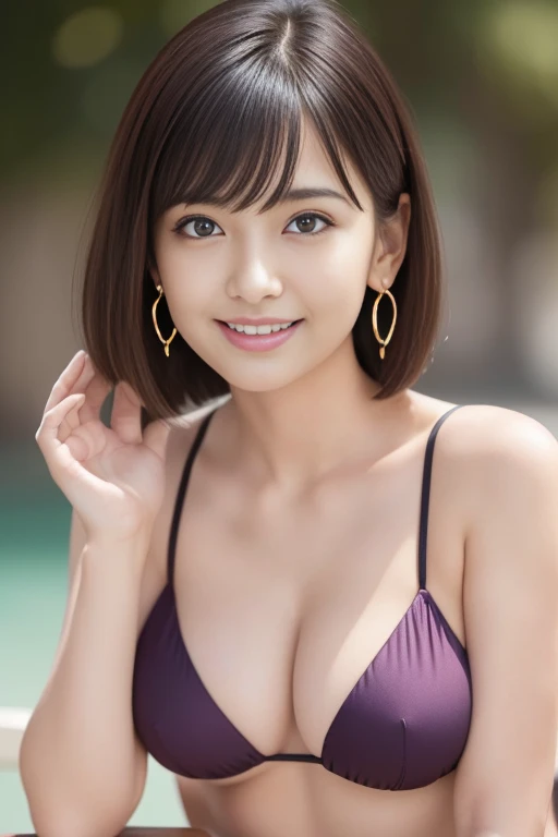(masterpiece)、(highest quality:1.5)、(16k wallpaper:1.2)、(Photorealistic:1.2)、(Ultra-detailed:1.2)、(Surreal), (High resolution), (Very detailed), (Professional), (Realistic), (Post-processing), (Very detailed),(Sharp focus), Sharp focus:1.2,Photorealistic, Ultra-realistic, Backlight, (Improvement of quality:1.4), Healthy thighs、(Narrow waist)、Big Ass、(Beautiful legs)、((Perfectly detailed five-fingered hands)),(Anatomically correct body)、((1 female:1.4))、Japanese、Asian、Realistic Skin、(Small chest:1.4)、Bust size is C cup、Pretty woman with perfect figure:1.4,(from the front:1.5), (Enhances the beauty of skin texture:1.1), (Beautiful fine details), (Detailed face),Beautiful realistic face,No makeup、美しいBlack Hair、最高のsmile、Natural color lip、(Small Mouth:1.2)、(Oval Face)、Even bangs、Hide eyebrows with bangs、((29-year-old woman))、Bob Hair、Hair blowing in the wind, (Black Hair, Iris, Watery eyes, Shining Eyes, Bob cut hair, Small earrings,), Hair behind the ear、No makeup、(Drooping eyes)、Drooping eye corners、Professionalのカメラマンが撮影した写真,1 girl, かわいいsmile.whole body、(((One lovely woman)),((優しい大きなsmile)),(( Small breasts,Small breastsの谷間)),((((Plump Cheeks)))),((whole body:1.5))、(Narrow waist、Slender Body)、 cute look and cute 29-year-old 美しい girl, Hair blowing in the wind、Tabletop, wearing colorful bikini, Sharp focus, Perfect dynamic composition, Beautiful and detailed, Thin Hair, Detailed realistic skin texture, smile, Close-up portrait, Cleavage