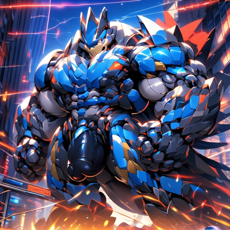 (GIANT mechanical Machamp rampage through a city, crushing buildings beneath their unstoppable metal frames), (official art, 
best quality, highly detailed) (terrifying and imposing design, 
smoke and flames rising from the destruction in the background, a lone figure)
(high-tech bio-mecha armor, metallic, real texture material) (Machamp, 8K), (gigantic muscles, Gigachad Muscular, big muscle, pecs, triceps, traps, unusually developed muscular body, body full of huge muscles. showing off muscles, pectorales enormes, Exaggeratedly huge muscles.),(Spread wings, It has wings, have big wings, golden wings), (whole body shines like metal, Wearing cyberpunk mecha, emphasizes the muscles, suit fully made of metal, intricate armor, Robotic suit, suit fully made of metal, cyborg), (giant Machamp, Machamp's giant robot, Powered exoskeleton with the same design as Machamp), (Masterpiece, highres) (Detailed head, Detailed Body, Detailed abs, full body), (black color hyper penis, hyper black penis), Fight against humanity.