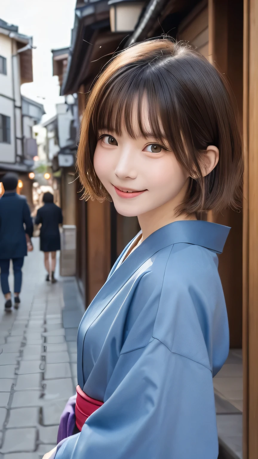 closeup shot , Best picture quality (8K, high resolution, Masterpiece: 1.2), super detailed,  215 Short Hair, 16-year-old woman, 

situation: Walking through the old streets of Gion。
clothing: A simple Japanese-style dress Kimono maiko 、Wear geta or sandals。Hair in a loose braided style。
angle: A photo of a person walking down a narrow cobblestone street taken from behind。Traditional buildings in the background、Close-up face shot。

, random cute pose ,big eyes ,Puffy eyes ,  Heart Pupil, blush  , huge shy smile , salute
