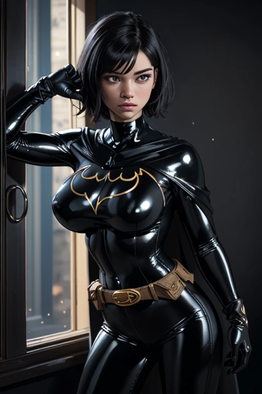(ultra realistic,32k, masterpiece:1.2),(high detailed skin:1.1),( high quality:1.1),
cassandra, black hair, short hair, cape, bodysuit, black bodysuit, belt, belt pouch, black gloves, black pants, shiny latex, , huge breast,Leaning on an invisible window2
,(glow in the dark:1.1), blank background