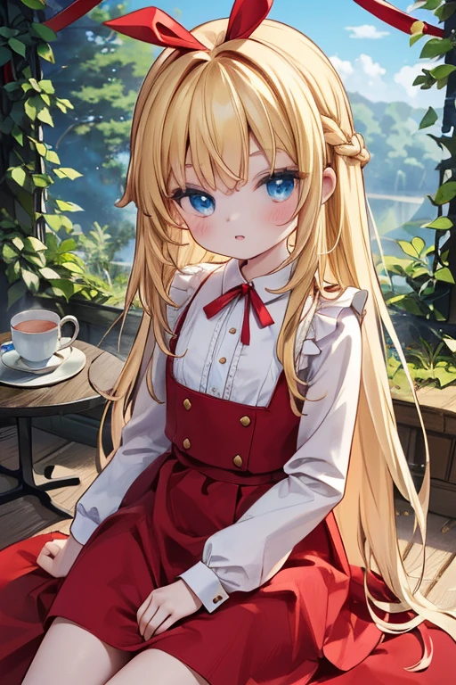 (8k, highest quality, Tabletop:1.2)、Ultra-high resolution, Detailed face, One 10-year-old girl, blue eyes, Blonde, Braid, Long Hair, Red ribbon on head, Red dress, blue sky, in the forest, wood, table cloth, Set of cake and tea on the table, Sit on a chair、wedding dress