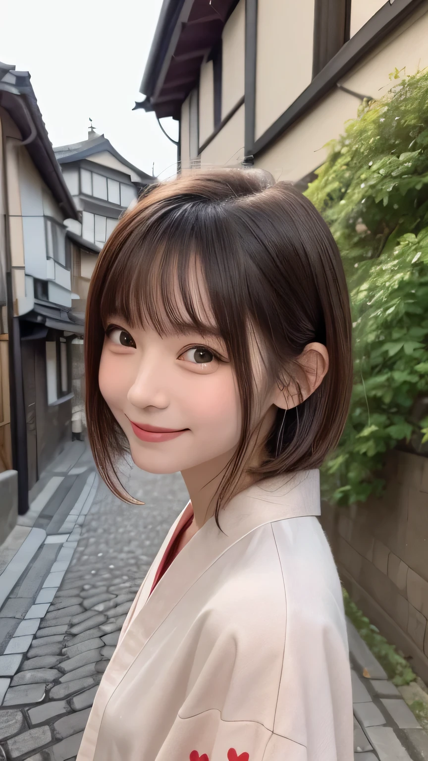 closeup shot , Best picture quality (8K, high resolution, Masterpiece: 1.2), super detailed, 215 Short Hair, 16-year-old woman,
situation: Walking through the old streets of Gion。
clothing: A simple Japanese-style dress Kimono maiko 、Wear geta or sandals。Hair in a loose braided style。
angle: A photo of a person walking down a narrow cobblestone street taken from behind。Traditional buildings in the background、Close-up face shot。
, random cute pose ,big eyes ,Puffy eyes , Heart Pupil, blush , huge shy smile , salute
