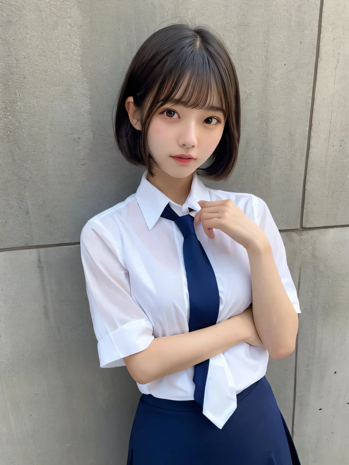 Japanese Girls、、Short Hair、Blonde、bangs、Brown eyes、Twin tails、Perfect figure、Transparency、Gloss、Gloss、Modest chest、、Navy blue tie、White shirt、Navy Blue Skirt、Hirotake、Burning Body、Gravure idol pose、Light blue wall、Beautiful legs、Strong sunlight、dirty、Wet body in the rain、Wet
