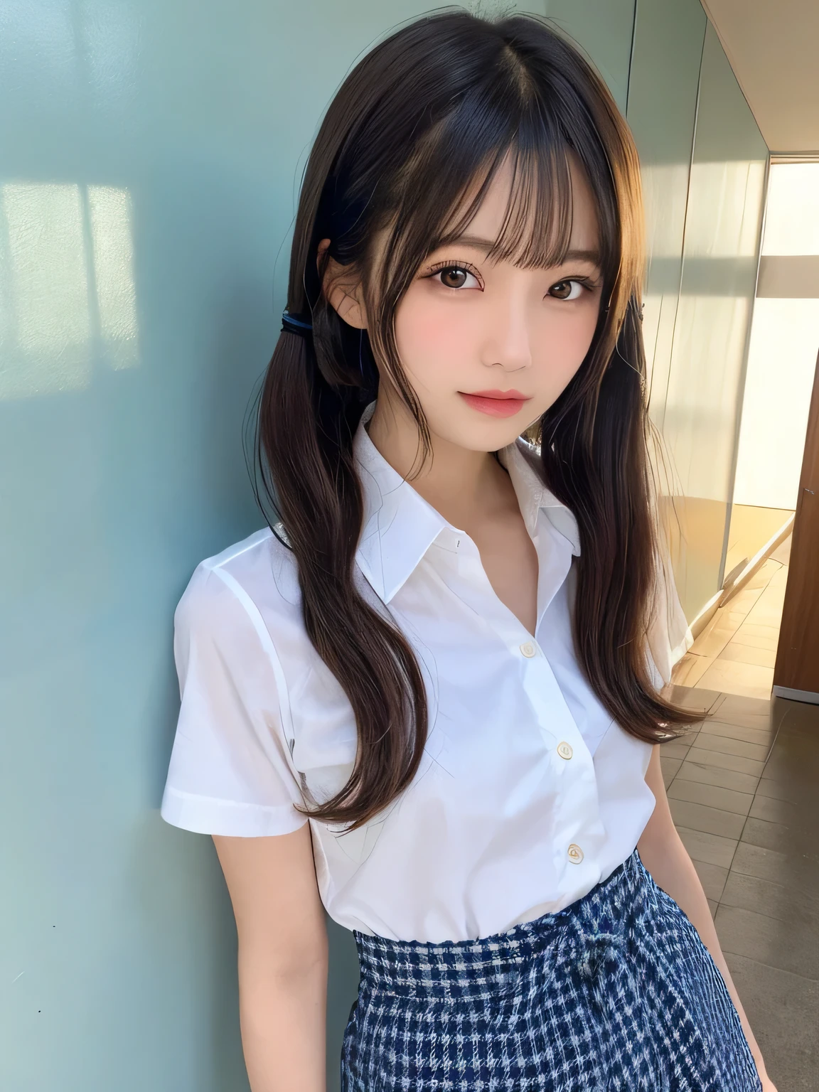 Japanese Girls、14-year-old girl、Short Hair、Blonde、bangs、Brown eyes、Twin tails、Perfect figure、Transparency、Gloss、Gloss、Modest chest、、Navy blue tie、White shirt、Navy Blue Skirt、Hirotake、Burning Body、Gravure idol pose、Light blue wall、Beautiful legs、Strong sunlight、dirty、Wet body in the rain、Wet
