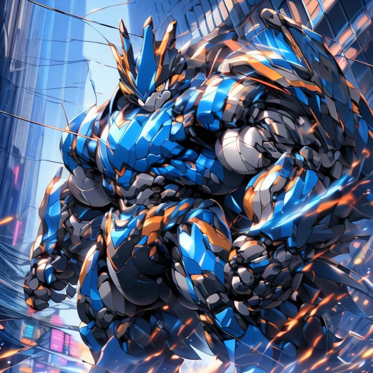(GIANT mechanical Machamp rampage through a city, crushing buildings beneath their unstoppable metal frames), (official art, 
best quality, highly detailed) (terrifying and imposing design, 
smoke and flames rising from the destruction in the background, a lone figure)
(high-tech bio-mecha armor, metallic, real texture material) (Machamp, 8K), (gigantic muscles, Gigachad Muscular, big muscle, pecs, triceps, traps, unusually developed muscular body, body full of huge muscles. showing off muscles, pectorales enormes, Exaggeratedly huge muscles.),(Spread wings, It has wings, have big wings, golden wings), (whole body shines like metal, Wearing cyberpunk mecha, emphasizes the muscles, suit fully made of metal, intricate armor, Robotic suit, suit fully made of metal, cyborg), (giant Machamp, Machamp's giant robot, Powered exoskeleton with the same design as Machamp), (Masterpiece, highres) (Detailed head, Detailed Body, Detailed abs, full body), (black color hyper penis, hyper black penis), Fight against humanity.