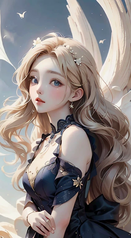 Long hair blowing in the wind, blue eyes, blonde、Masterpiece、Highest quality、Ultra delicate、Beautiful person,Luxury Dresses,high quality、