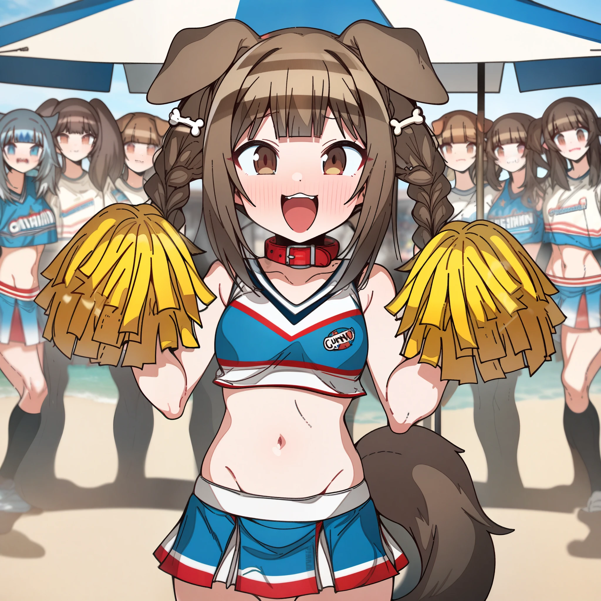 gawr_gura with brown hair and brown eyes, Artist, erere, Copyrights, idolmaster, idolmaster_shiny_colors, Character, General, 1girl, brown_hair, blunt_bangs, blush, medium_breasts, breasts, smile, brown_eyes, censored, cheerleader, crop_top, pom_pom_(cheerleading):0.7, skirt, navel, dog_tail, animal_collar, twin_braids, dog_ears, bone_hair_ornament, raised_eyebrows, :d:0.5, teeth, raised_eyebrows, (full_body) (standing in middle, beach_umbrella), sky:0.7, detailed, sand, outdoors, from_side, looking_at_viewer, masterpiece, best_quality, great_quality, girl, solo, center_composition, centered character, cute

