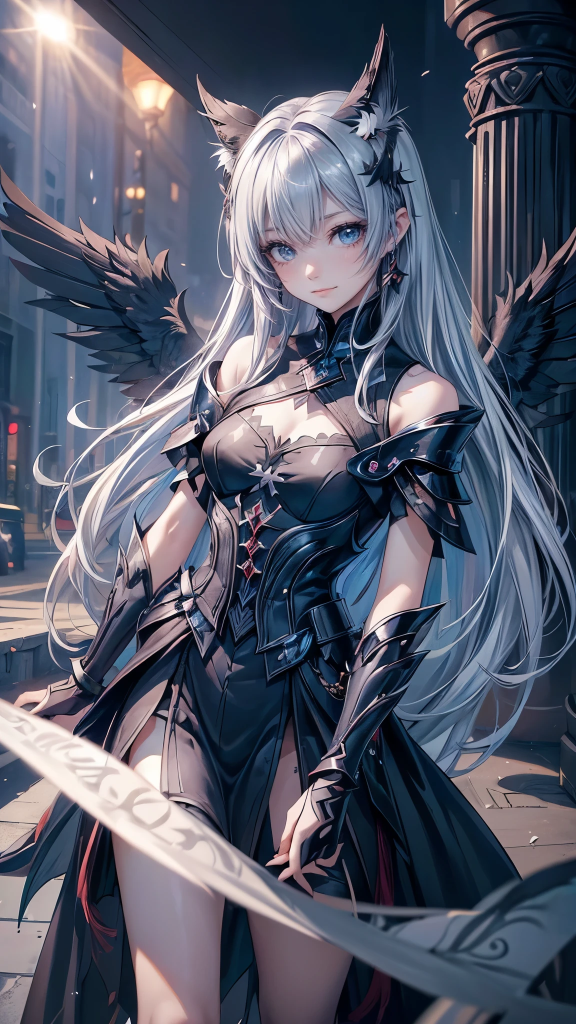 ((4K works))、masterpiece、(top-quality)、((high-level image quality))、((one beautiful women))、Slim body、((Black Y Shirt Fashion))、(Detailed beautiful eyes)、Crow on fantastic city background、Walk the crowded streets、((Face similar to Chaewon in Ruseraphim))、((shoulder-length hair))、((bright silver hair))、((Smaller face))、((Neutral face))、((Light blue eyes))、((Korean Women))、((18year old))、((Wild Lady))、((Wild look))、((Show your fangs and laugh))、((Korean makeup with black eyeshadow))、((elongated and sharp eyes))、((Shot alone))、((Fallen Angel))、((Fallen Angel Woman))、Photos of fallen angels、Villain、((amazing photo))、Photographed so that the whole body can be seen、horor、((There is a crow on the right shoulder))、Dark Proof、Professional Photos、((She is walking next to the viewer))、((Happy dating))