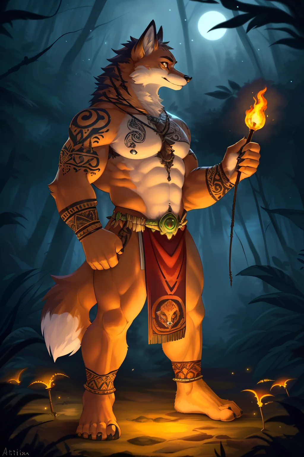 (By ArtisticVixen, masterpiece, ultra detailed, best quality, high definition, tribal, shaman, anthro, fox, full body, muscular, defined muscles, intricate tattoos, torso bare, loincloth, torch in hand, electric torchiere, torchiere light casting a warm glow, dramatic lighting, deep focus, night setting, moonlit forest, detailed background of dense foliage and fireflies, soft, mysterious atmosphere, expressive, piercing, amber eyes, profile picture, crossed paws, stoic pose, guardian-like demeanor, realistic fur, detailed face with prominent features, cold nose, whiskers, wink from the