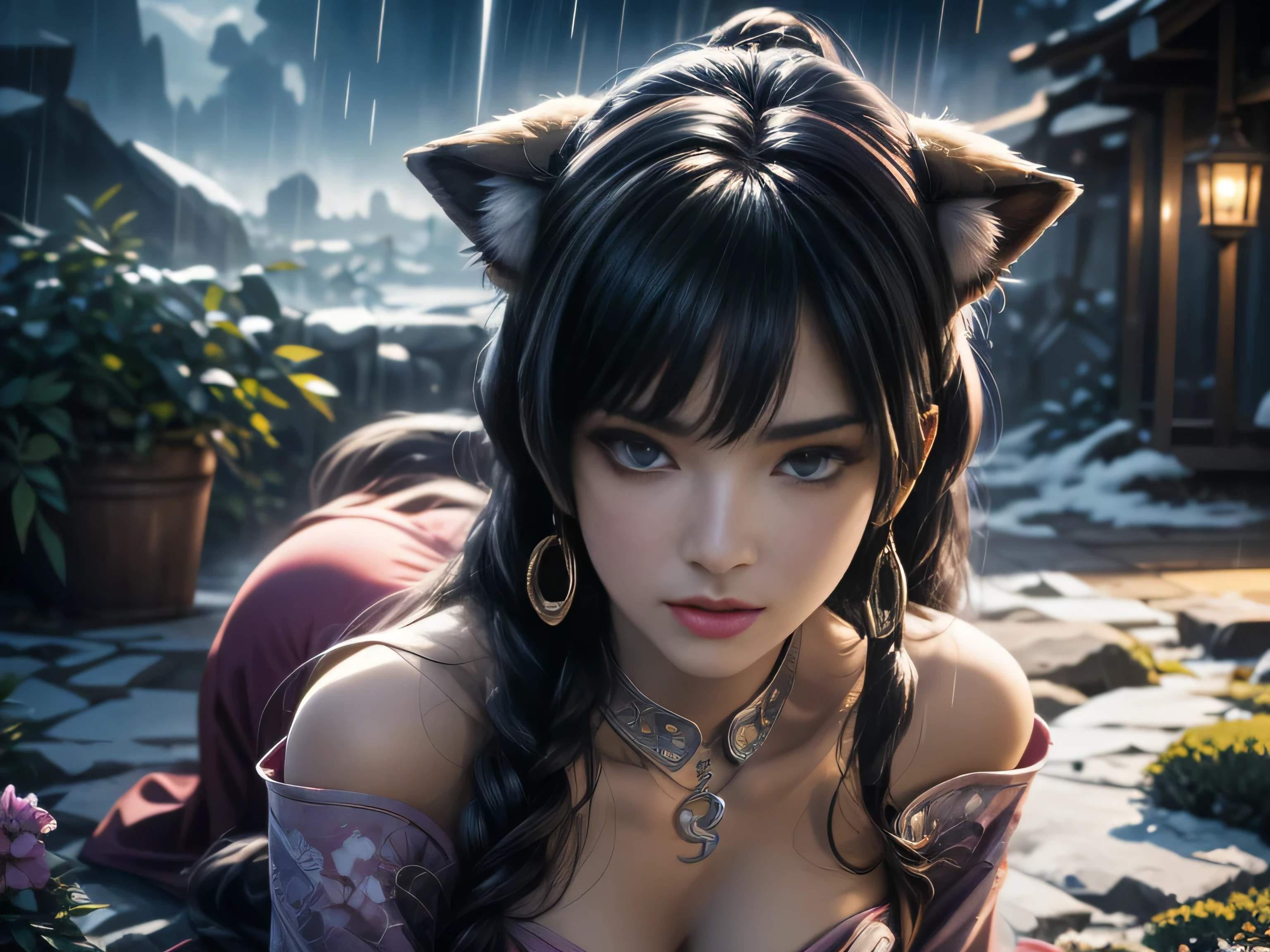 (Best Quality, 8K, Masterpiece, HDR, Soft Lighting, Picture Perfect, Realistic, Vivid), Nine tails of snow white fox(1.0), milk fox tail(1.0), nine tailed fox, anime girl with pink hair and pink, dressed in sexy leather suit, beautiful fantasy anime, very beautiful and cute fox girl, pink flower rain, background blur, anime fantasy, work in the style of Gouves, realistic:1.37, close-up from above, lies in pink flowers, horizontal view, (ultra high quality fantasy art), masterpiece, male model, ultra high quality female character designs, anime art with 8k development, realistic anime art, highest quality wallpaper illustrations, complex ultra high quality accurate female characters faces, high quality design and accurate physics (super-quality fantasy style)), art, dark fantasy)) Style), masterpieces, super-quality characters, anime resolution - 8K, realistic anime art, wallpapers with the highest quality illustrations, ultra-high detail of faces, high-quality design and physics accuracy), color, depth of field, shadows, ray tracing, production of high-quality computer wallpapers and 8K resolution, (Accurate simulation of the interaction of light and materials)], [High-quality detailed hair [More about beautiful and shiny red hair]], (Beautifully detailed hands [perfect fingers [Perfect nails]], (perfect anatomy (perfect proportions)))) [[Full length]], [Perfect color combination (Accurate imitation of the interaction of light and material)], [art that conveys the meaning of the story ]