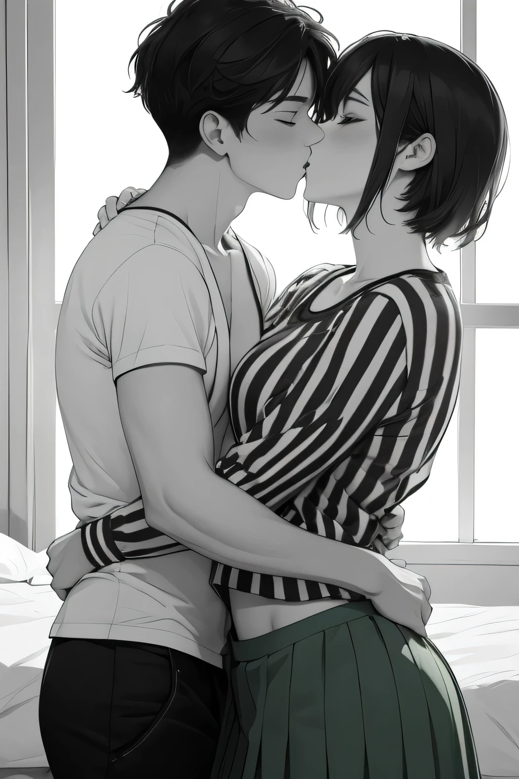Amazing portrait of a sexy and woman wearing a black and white striped t shirt and a dark green skirt kissing and making out passionately with a shirtless boy on the bed in an intimate setting