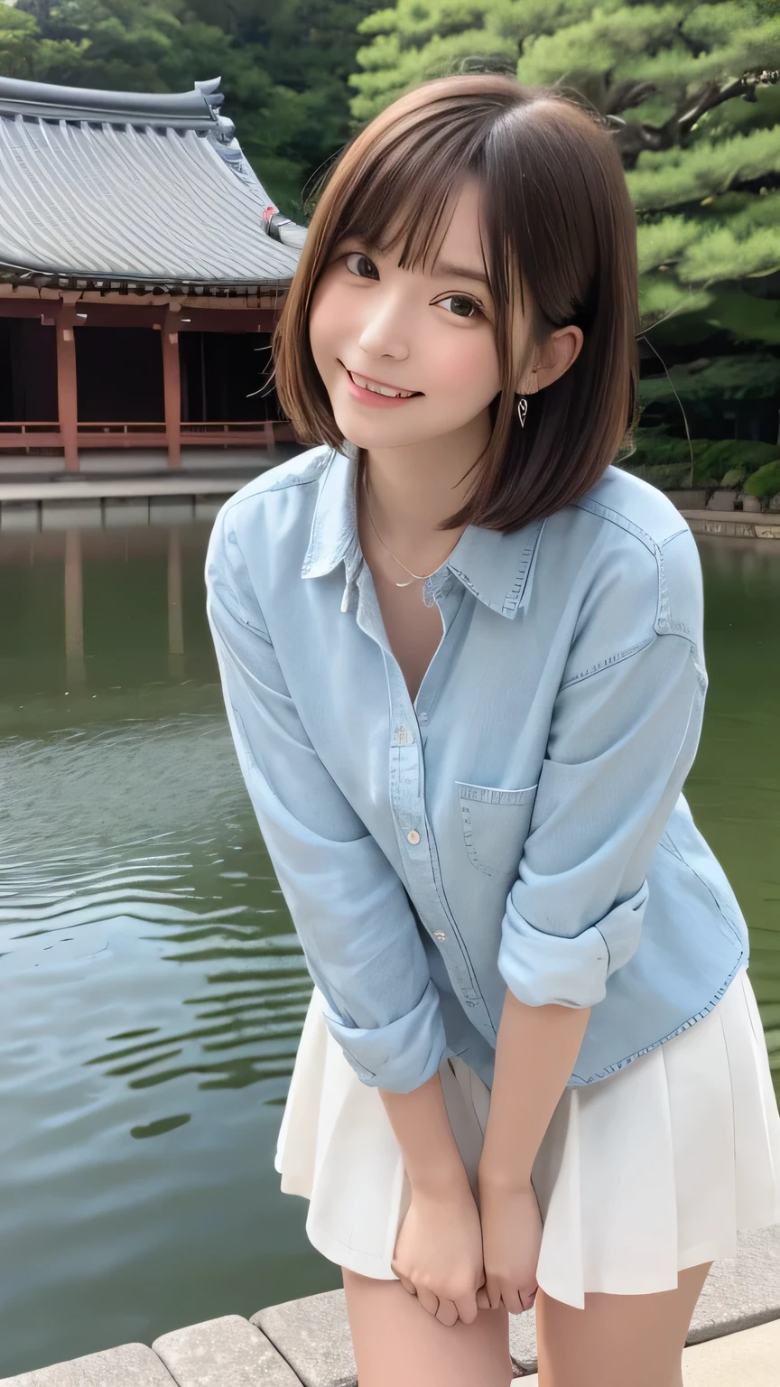 closeup shot , Best picture quality (8K, high resolution, Masterpiece: 1.2), super detailed, 215 Short Hair, 16-year-old woman,
situation: Posing in front of Kinkakuji Temple。
clothing: Casual white blouse and denim skirt、Sneakers on your feet。Hair down and natural。
angle: With Kinkakuji Temple in the background、Shooting the whole body from the front。The composition was carefully crafted to include the reflection of Kinkakuji in the pond.。。
, random cute pose ,big eyes ,Puffy eyes , Heart Pupil, blush , huge shy smile , salute