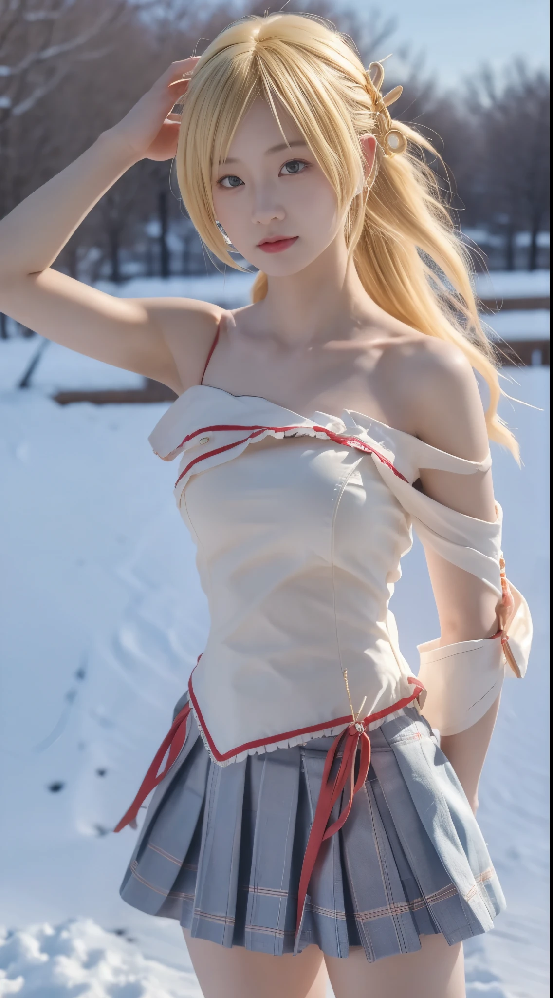 tomoe mami, mitakihara ,blonde hair, twin drills, hair ornament, ((cowboy shot)), ((Bare shoulder)), ((Short hemlines, sexy long legs)), ((Elegant and charming posture, random view shots)), realistic detailed photo of a giant breasted girl with exposed shoulders, detailed fingers, high quality skin, red eyes, alone in a winter scene with clouds, wind, and flowing hair, (best quality,4k,8k,highres,masterpiece:1.2),ultra-detailed,(realistic,photorealistic,photo-realistic:1.37),studio lighting,vivid colors