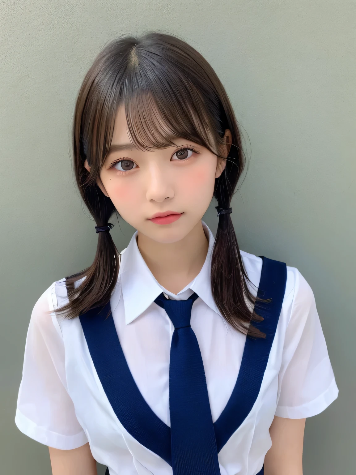 Japanese Girls、14-year-old girl、Short Hair、Blonde、bangs、Brown eyes、Twin tails、Perfect figure、Transparency、Gloss、Gloss、Modest chest、、Navy blue tie、White shirt、Navy Blue Skirt、Hirotake、Burning Body、Gravure idol pose、Light blue wall、Beautiful legs、Strong sunlight、dirty、Wet body in the rain、Wet