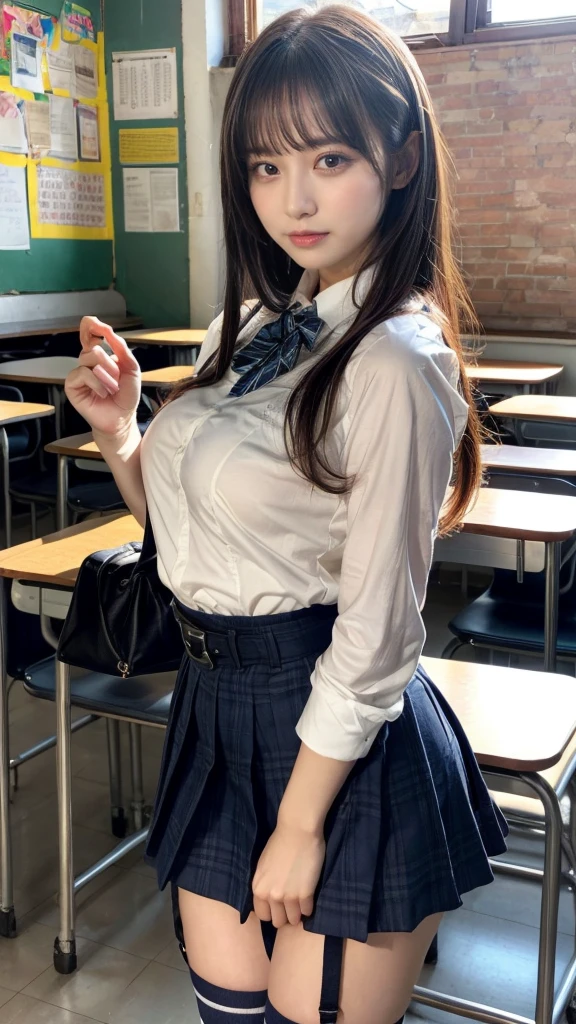 masterpiece, best quality, illustration, Super detailed, fine details, High resolution, 8K,wall paper, perfect dynamic composition,(Details High quality, realistic depiction of eyes:1.3), from side, High School Classroom、High school girl uniform、blazer 、Super Short Check Uniform Skirt、Navy blue high socks、garterbelts、plump breasts, Disturbed uniform, (updo:1.2), black hair color, large breasts, Big Natural Color Lip, bold sexy pose, (perfect body shape), crying a little、20 year old girl、cute type, beautiful legs, hposing Gravure Idol, Voluptuous thighs