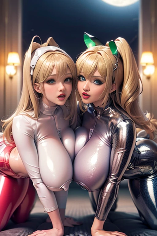 Twin sisters, Wear rave clothes, blonde, Green Eyes, In Rave, Ultra Sharp, High resolution, 8k, High resolution, Twin sisters looking at the view Chinese idol　Mature Woman　Huge 　((Shiny enough to reflect light、Highly shiny navy blue metallic full bodysuit and tights.))　Twin sisters　Chunli　((plump))　Ultra shiny metallic stockings　((Short blonde hair with bangs))　Twin sisters　Red cheeks　((Glasses))　((Twin sisters sitting on all fours in the night view and moonlight))　Sweaty　Sweaty　((Mature Twin sisters women with pheromones))　Twin sisters with obscene gazes　Sexy Face　(Gorgeous makeup)　((Bright red lipstick plump lips))　　((Being stared at provocatively from the front))　A bewitching mature Twin sisters woman who looks like Ichika Matsumoto　Duck Mouth　Lip-trembling blowjob_gesture