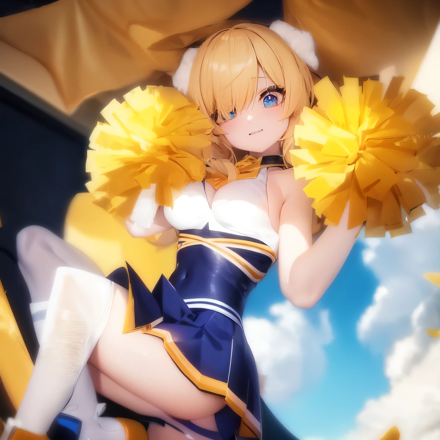 blonde anime girl with a cheerleader holding a yellow pom pom, blue eyes, one eye covered, have a cute brown dog ears, render of a cute 3d anime girl, anime styled 3d, happy!!!, pixiv 3dcg, cel shaded pbr, cheering, rin, kagamine rin, rendered in sfm, 8k!!, anime. soft lighting, 3d anime girl