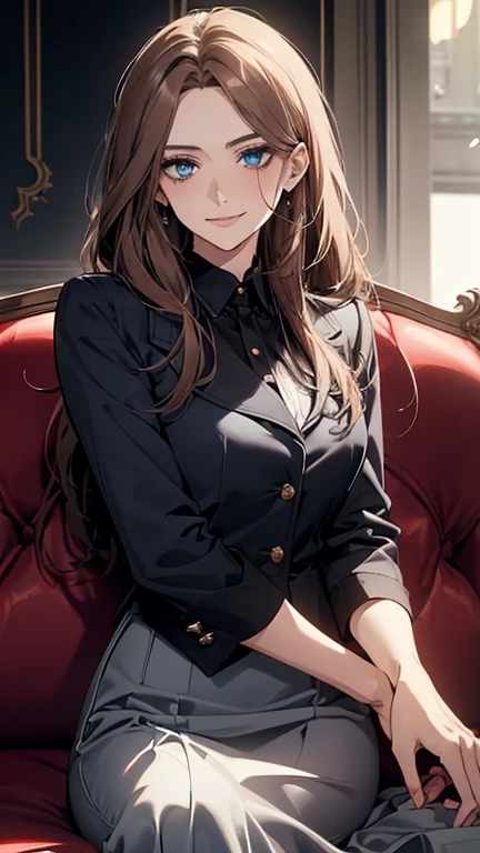 (Highest quality,High resolution,Very detailed),1 girl, Beautiful and elegant light blue eyes, Brown Hair, Cold Smile,Straight long hair tied back, Wearing a black suit, Mature Woman, Age 27,Cruel smile, Calm and Calm,secretary, Slim figure, Pale complexion, thin, Calm, sofa,Sitting cross-legged