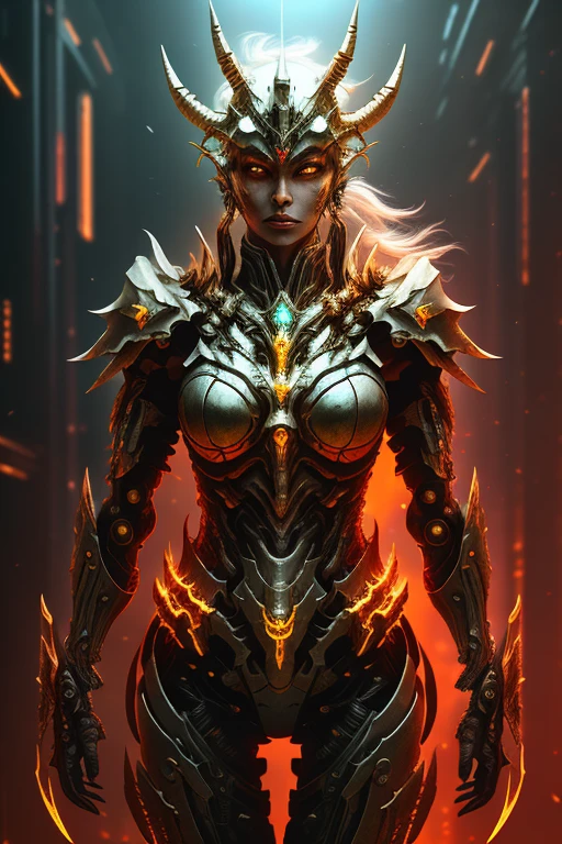 [SH4G0D:1], a beautiful cyborg warrior girl cyberpunk sensual vampiric beautiful body beautiful face in big breasts bionic legs bionic arms armor in an intricate futuristic cyberpunk city ultra detailed 8k extremely realistic[cabelo fluorescente:1]