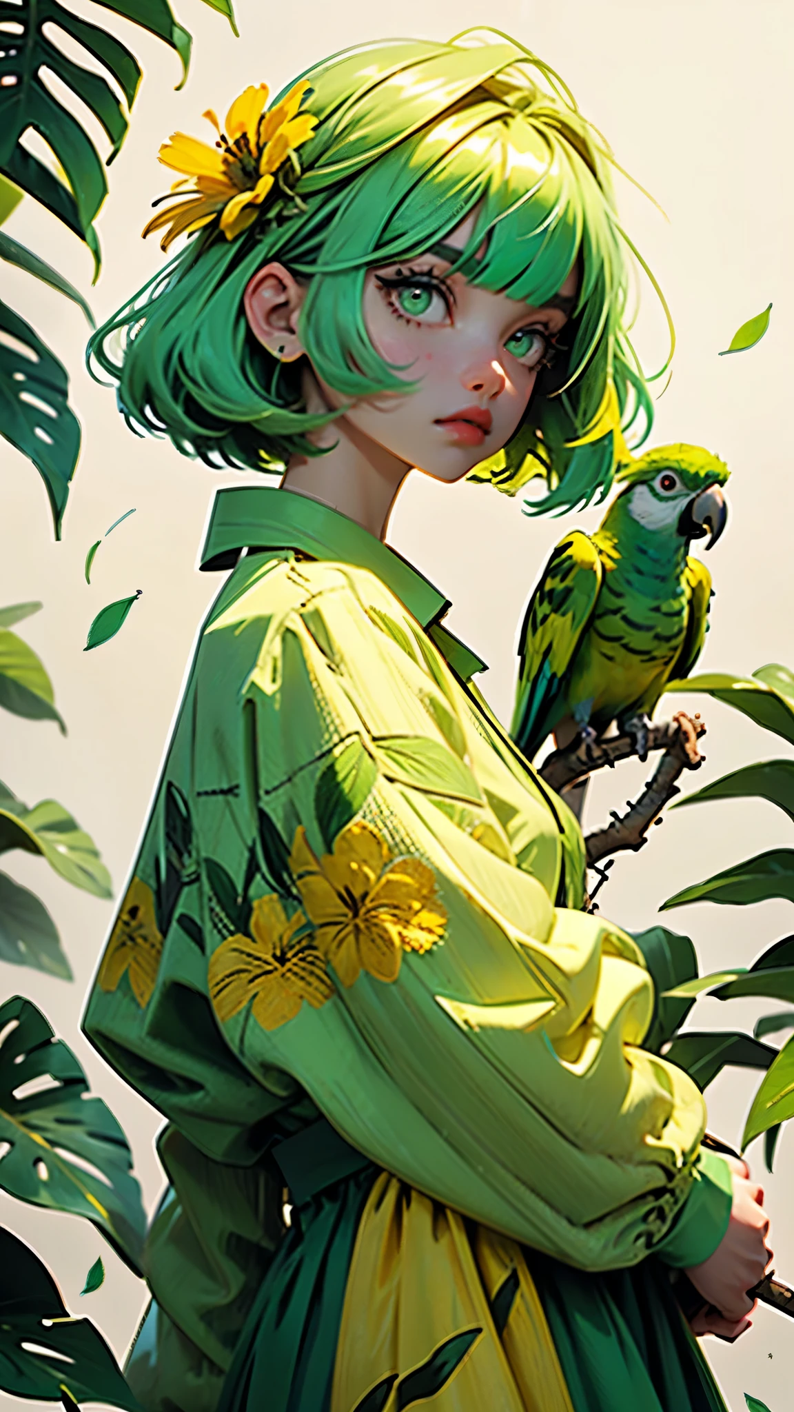 parrot on the background, YXYcolor,1girl, only, light green hair, Flower, hair ornament, hair flower, very long hair, upper body, bangs, Looking at the viewer, Simple background, leaf, Bob Cut, Plant, shirt, yellow shirt, blunt bangs, red flower, red lips, green eyes, tropical leaves on the background