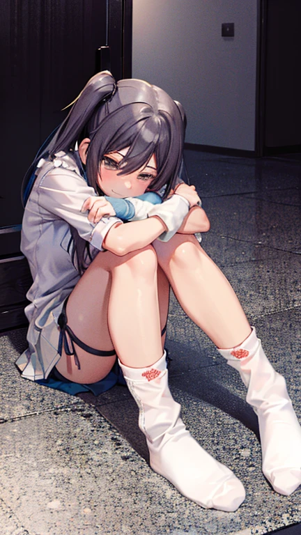 A shy smile ,hug,shirase_sakuya,twintail,,lift underwear,(((three-quarter socks)))