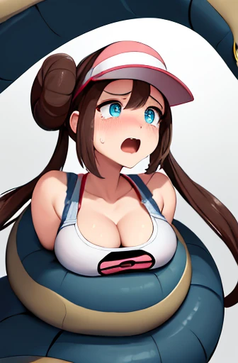 masterpiece, absurdres, hair bun, blue eyes, twintails, visor cap, 1girl, solo, Rosa(Pokemon), large breasts, breasts out, Bound, Bondage, (arms behind back:1.4), BDSM, tape, TAPE BONDAGE, srestrained, best anatomy, Curled up, nude, scared face, blushing face, crying, (men touching her), touching nipples, pov hand squeezing nipples, pinching her nipples