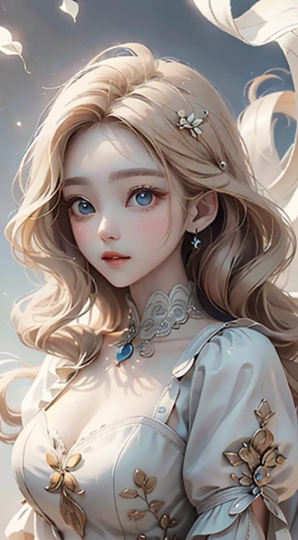 Long hair blowing in the wind, blue eyes, blonde、Masterpiece、Highest quality、Ultra delicate、Beautiful person,Luxury Dresses,high quality、Big beautiful eyes