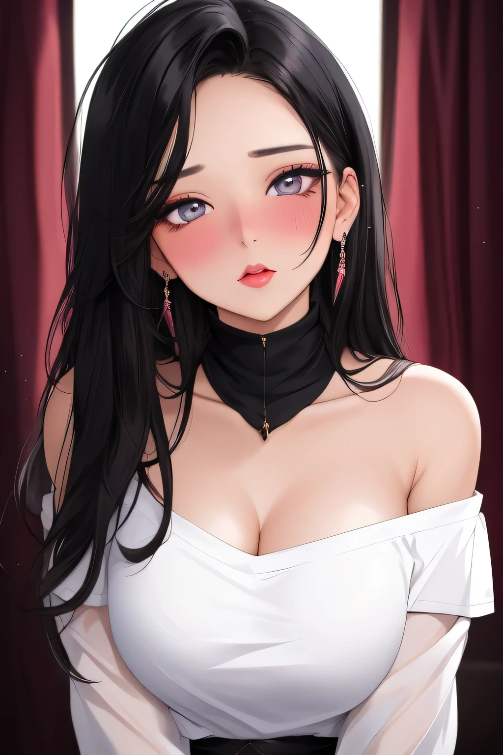 Amazing portrait of a sexy woman with a beautiful face emphasised by amazing makeup and black hair and seductive eyes in an intense gaze with her mouth parted and a deep blush on her face as she's flustered wearing an off shoulder t shirt