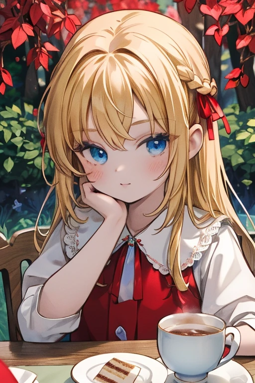 (8k, highest quality, Tabletop:1.2)、Ultra-high resolution, Detailed face, One ****************, blue eyes, Blonde, Braid, Long Hair, Red ribbon on head, Red dress, blue sky, in the forest, wood, table cloth, Set of cake and tea on the table, Sit on a chair、wedding dress