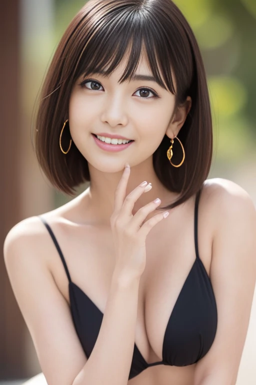 (masterpiece)、(highest quality:1.5)、(16k wallpaper:1.2)、(Photorealistic:1.2)、(Ultra-detailed:1.2)、(Surreal), (High resolution), (Very detailed), (Professional), (Realistic), (Post-processing), (Very detailed),(Sharp focus), Sharp focus:1.2,Photorealistic, Ultra-realistic, Backlight, (Improvement of quality:1.4), Healthy thighs、(Narrow waist)、Big Ass、(Beautiful legs)、((Perfectly detailed five-fingered hands)),(Anatomically correct body)、((1 female:1.4))、Japanese、Realistic Skin、(Small chest:1.4)、Bust size is C cup、Pretty woman with perfect figure:1.4,(from the front:1.5), (Enhances the beauty of skin texture:1.1), (Beautiful fine details), (Detailed face),No makeup、美しいBlack Hair、最高のsmile、Natural color lip、(Small Mouth:1.2)、(Oval Face)、Even bangs、Hide eyebrows with bangs、((29-year-old woman))、Bob Hair、Hair blowing in the wind, (Black Hair, Iris, Watery eyes, Shining Eyes, Bob cut hair, Small earrings,), Hair behind the ear、No makeup、(Drooping eyes)、Drooping eye corners、Professionalのカメラマンが撮影した写真,1 girl, かわいいsmile.whole body、(((One lovely woman)),((優しい大きなsmile)),(( Small breasts,Small breastsの谷間)),((((Plump Cheeks)))),((whole body:1.5))、(Narrow waist、Slender Body)、 cute look and cute 29-year-old girl, Hair blowing in the wind、Tabletop, wearing colorful bikini, Sharp focus, Perfect dynamic composition, Beautiful and detailed, Thin Hair, Detailed realistic skin texture, smile, Close-up portrait, Cleavage