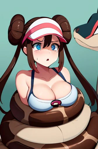 masterpiece, best quality, highres, illustration, highly detailed,  hair bun, blue eyes, twintails, visor cap, 1girl, solo, Rosa(Pokemon), large breasts, breasts out, beautiful detailed eyes, cleavage, snake, (coiled), snake scales detailed, restrained, scared face, crying, nude