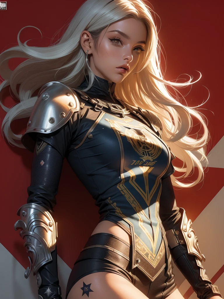(((mulher))), (((melhor qualidade))), (((obra prima))), (((adulto))), (((1girl))), ((( corte de cabelo bob ))), Uma gladiadora cyberpunk mulher de 25 anos com corpo perfeito, shoulder pads with metal spines, Gladiadores do Brooklyn, (( corte de cabelo bob )), tiny leather panties, camiseta de time de rugby rasgada, quase nua no estilo selvagem urbano de Simon Bisley para a capa da revista Heavy Metal, Cabelo loiro curto, Minimum clothing, Metal protection on the left arm with intricate graphics, Dark red with white stars and striped zigzag pattern, navy blue and white, armadura, cheio de espinhos, (((do joelho pra cima))), cabelos loiro branco curto, no fundo uma parede pintada por Shepard Fairey com um design intrincado