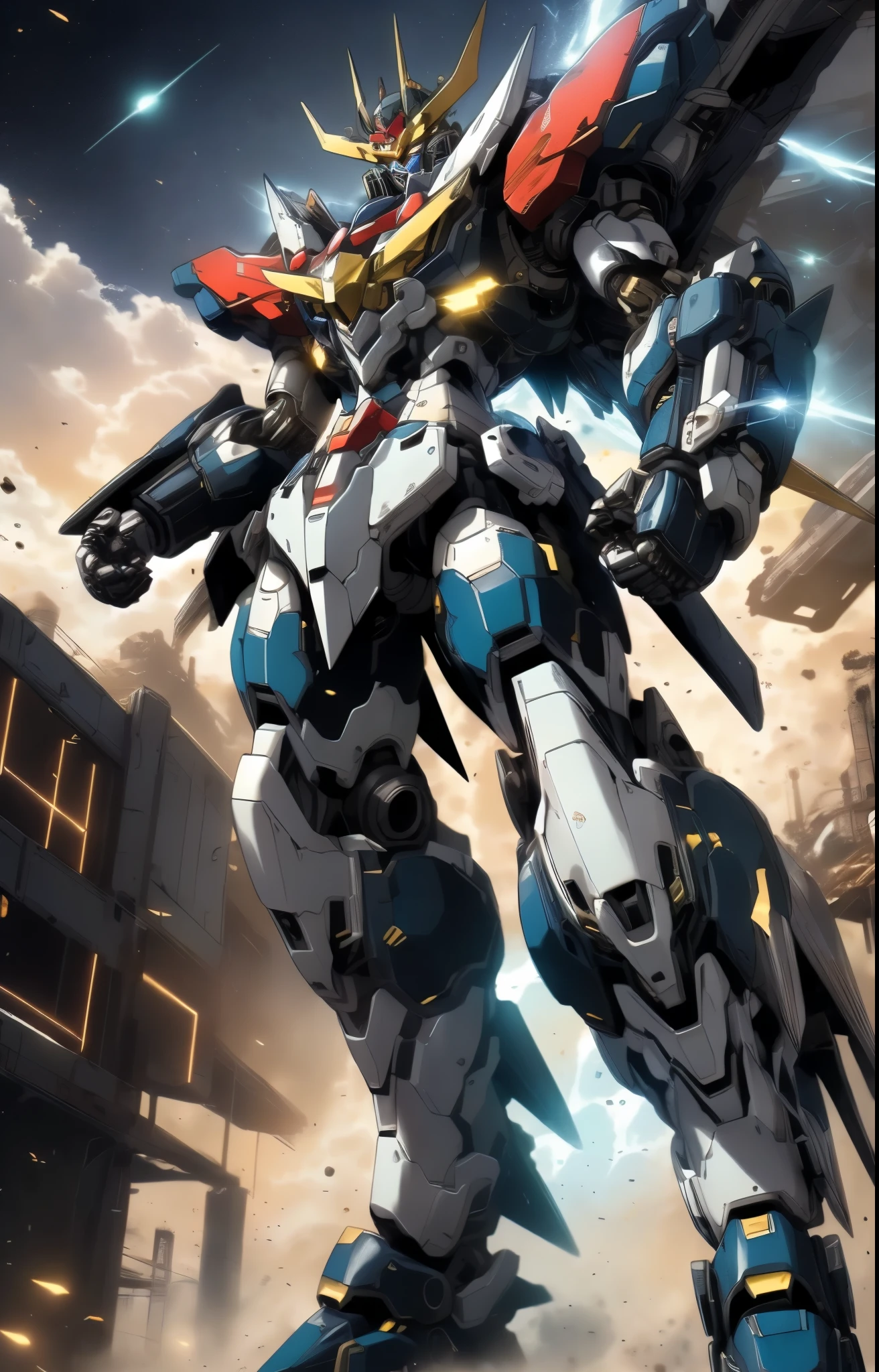 Humanoid Mecha, fully enclosed shoulder guards, matching arm and leg guards, full body, full armor, the design balances heavy with agility, (the color scheme is primarily white with red and blue accents, the concept Inspired by Super robot, organic biotech armor, pose, standing, floating high above the futuristic sci-fi city), exquisite and mature art style, (aura effect, energy, glowing eyes, the armor glows), ((SRS)), metallic, dynamic, dramatic, high definition, best quality, highres, ultra-detailed, ultra-fine painting, extremely delicate, professional, perfect body proportions, anatomically correct, symmetrical face, extremely detailed eyes and face, high quality eyes, creativity, RAW photo, UHD, 32k, Natural light, cinematic lighting, masterpiece-anatomy-perfect, masterpiece:1.5