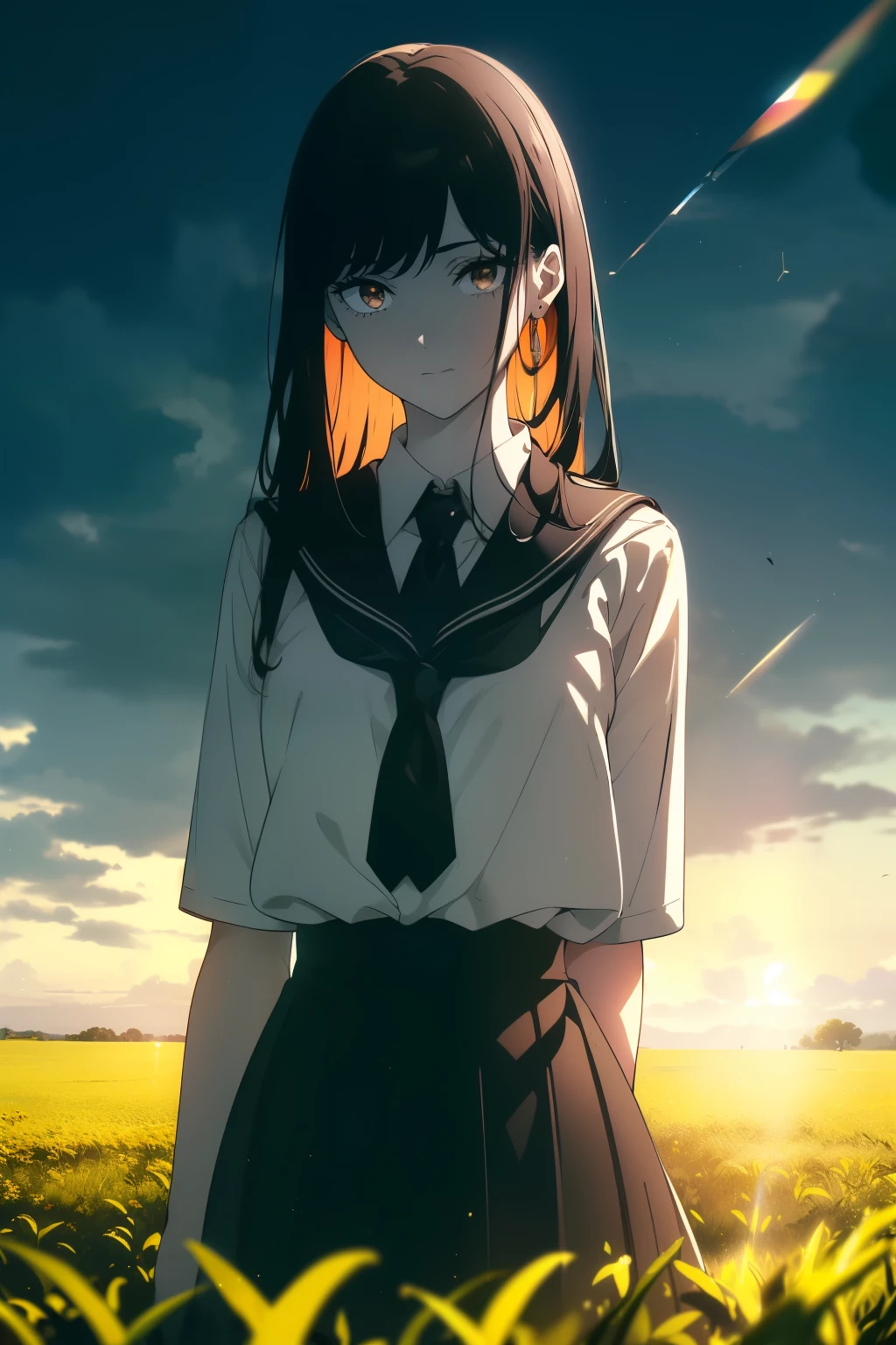 ((((Obra maestra, La mejor calidad, ultrahigh resolution)))), beautiful girl, standing in an open field, ((wearing school uniform)), (long black hair hair in view, in frame), pale skin, (brown eyes), ((ultra detailed eyes:0.7, beautiful and detailed face, detailed eyes:0.9)), ((centered)), smile, ((wide shot)), facing viewer, (((vibrant background of outdoors, field of swaying grass, bright lighting, summer, sunlight))), flat chested, looking at viewer, ((perfect hands)), ((head:1, hips, elbows, arms, in view)), ((hands behind back)), beautiful lighting, defined subject, (18 years old), ((cool looking)), ((sunny glare))