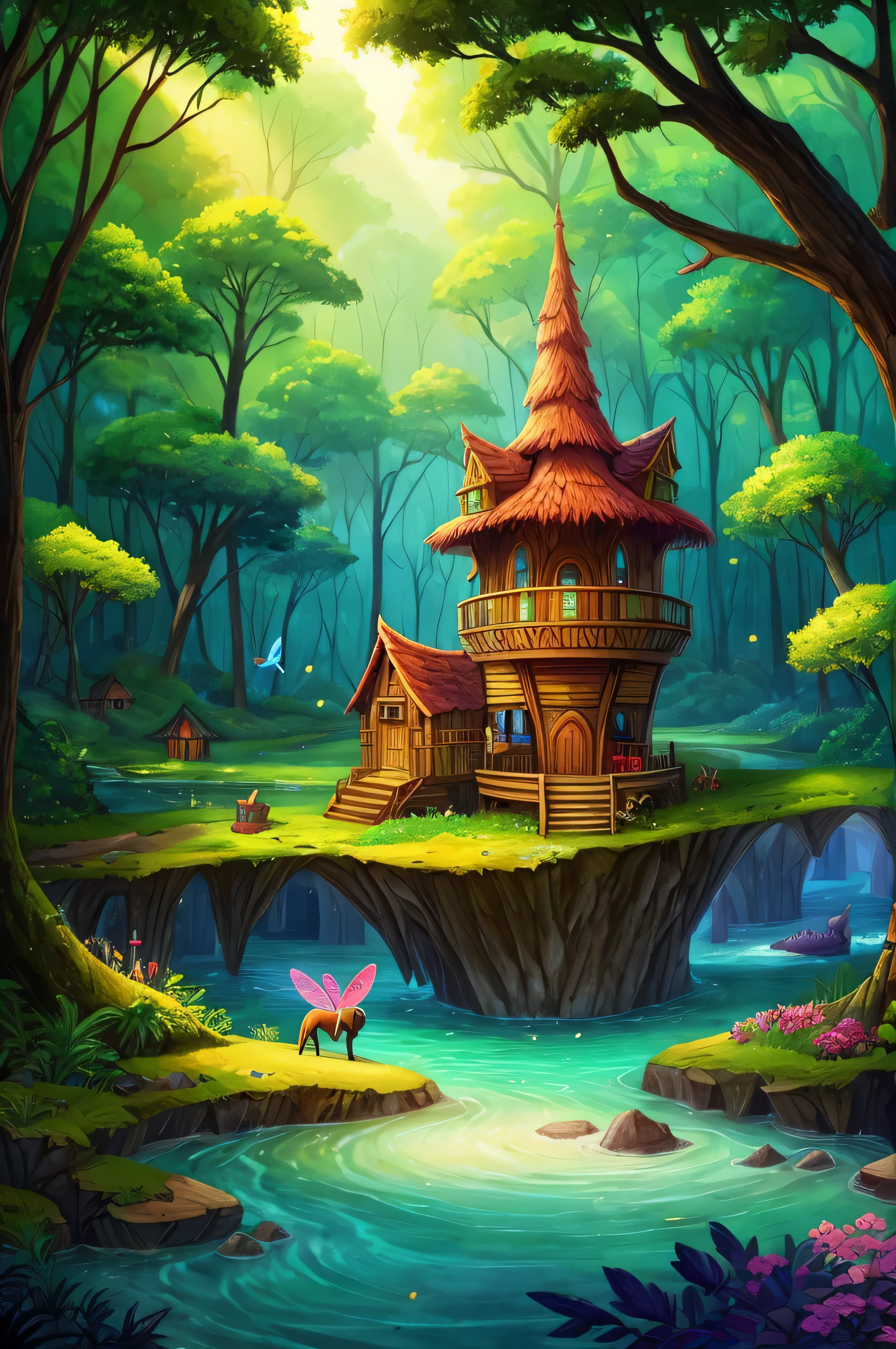 Colorful woods,Cartoon illustration of fantasy forest with tree house and stream, colorful concept art, made of tree and fantasy valley, arte de fundo, fairy kingdom forest, Stylized concept art, enchanted magical fantasy forest, magical fantasy 2 d concept art, fairy tale style background, a bustling magical town, whimsical fantasy landscape art, elf forest background, medeival fantasy town