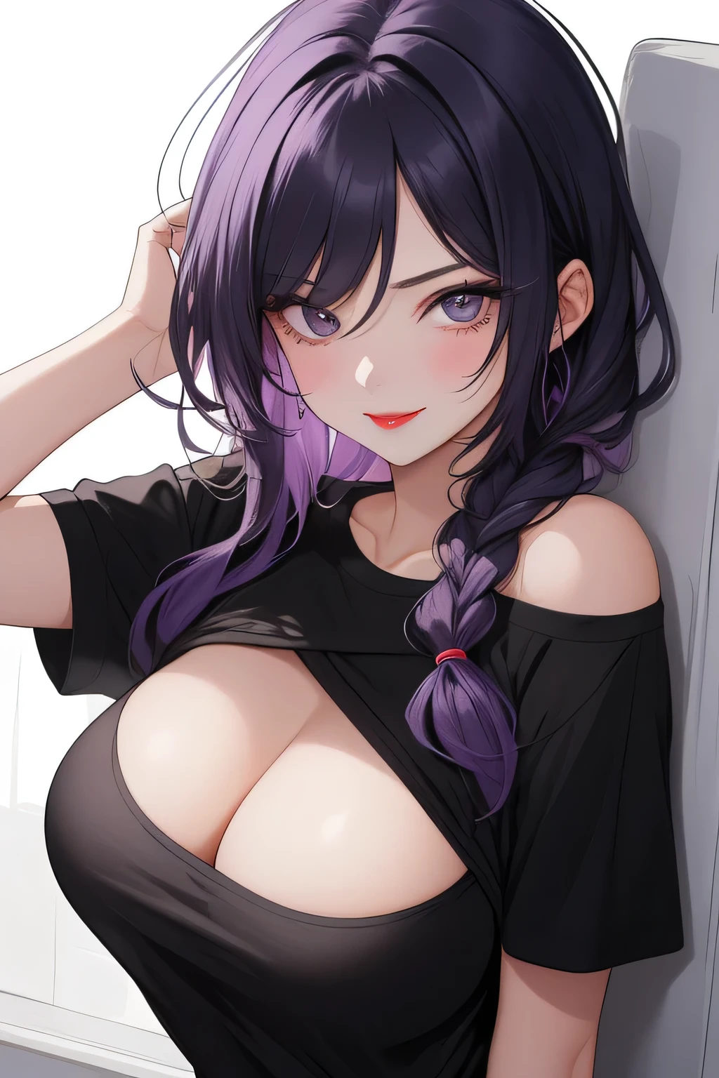 Amazing portait of a cute and sexy woman who is obsessed with you and the obsession is clearly visible in her intense eyes emphasised by the heavy eyeliner and the wicked smile on her face with her intense red lips her hair was tied in a braid but it has become a bit messy she wears a black and purple loose oversized t shirt that showcases her bare shoulder and her cleavage