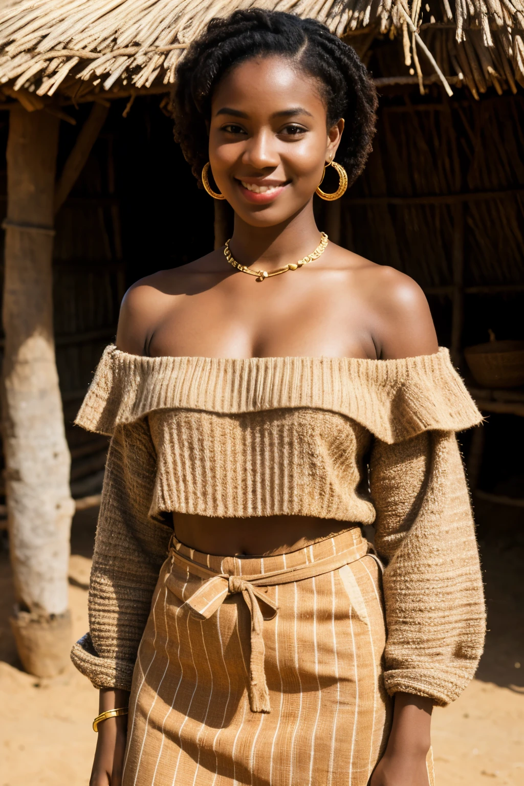 Generate realistic full picture of Chiamaka, girl, 25 years old, with low cut hair, packed with an African styled hair band, wears an African attire, standing in front of a village hut ((best quality)), ((masterpiece)), (detailed), 1girl, off-shoulder sweater,