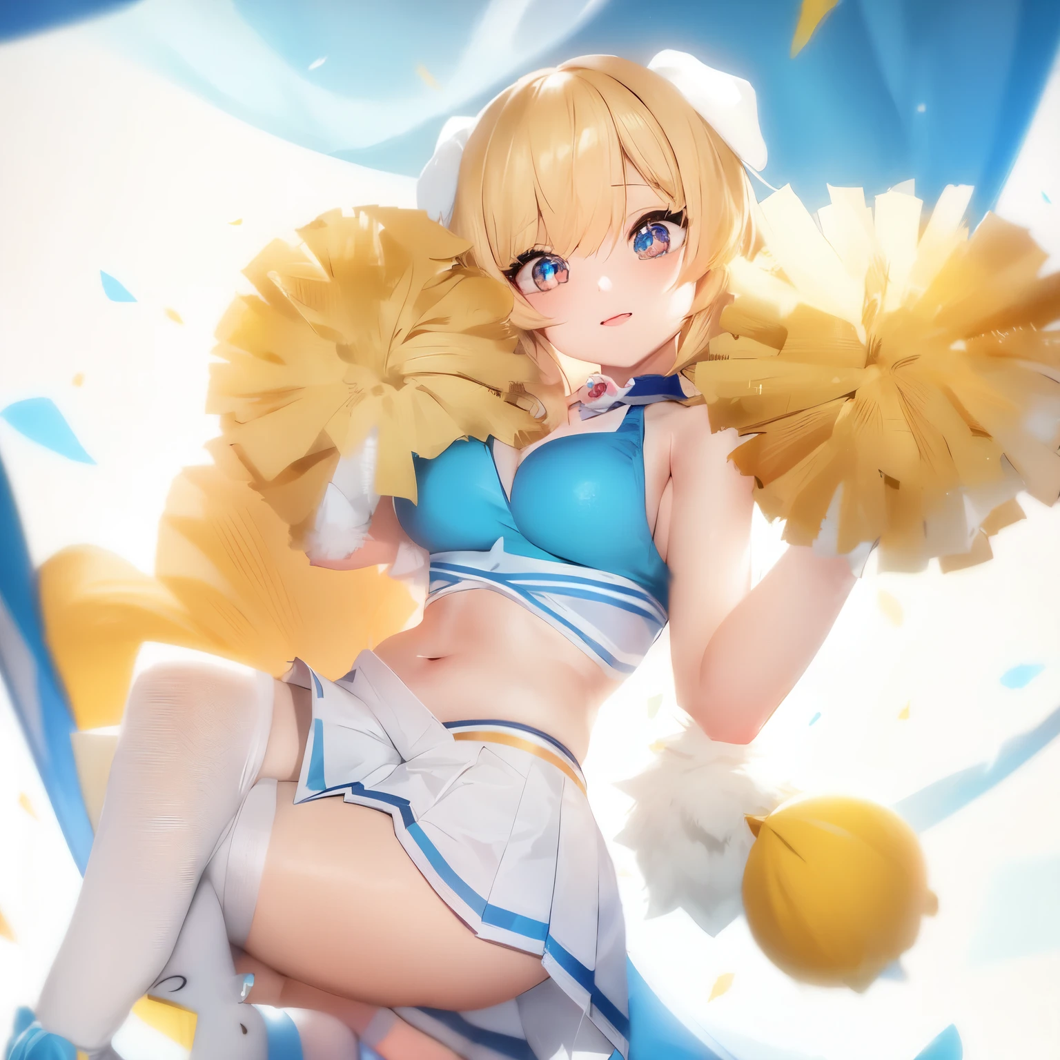 blonde anime girl with a light blue and white cheerleader outfit holding a yellow pom pom, blue eyes, one eye covered, have a cute brown dog ears, show belly, render of a cute 3d anime girl, anime styled 3d, happy!!!, pixiv 3dcg, cel shaded pbr, cheering, rin, kagamine rin, rendered in sfm, 8k!!, anime. soft lighting, 3d anime girl