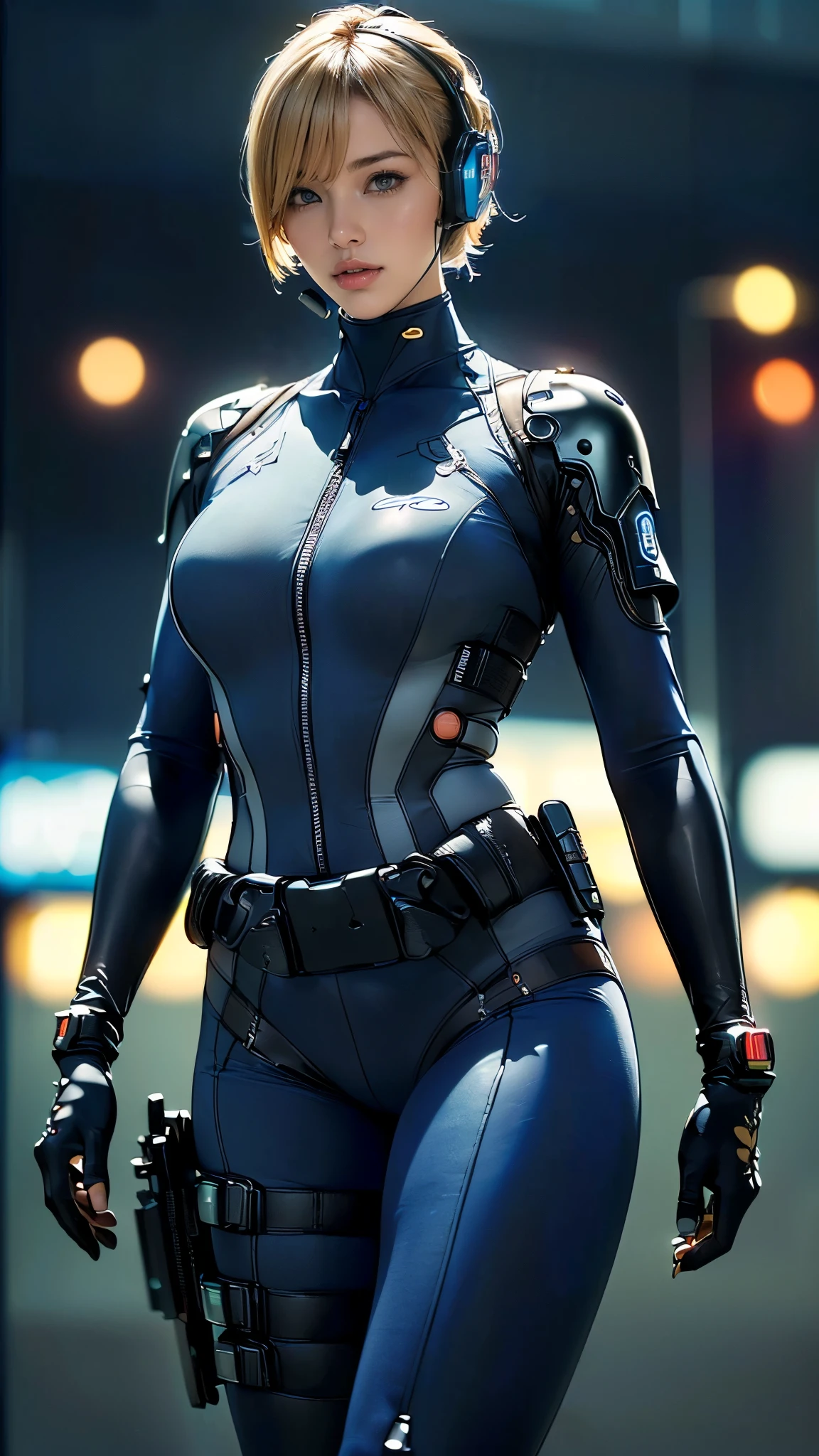 (One Woman),(((A female member of the futuristic police force is riding a motorcycle))),((Navy blue tactical bodysuit:1.5)),((headset:1.5)),((Tactical Holster:1.5)),(Gloves:1.5),(Serious:1.5),(extra short hair:1.5),(Blonde:1.5),(Beautiful Eyes:1.3),(Very detailedな顔:1.5),((Very detailedな女性の手の描画:1.5)),((Muscular:1.5)),(Sexy Looks:1.5),((Thick thighs:1.5)),(Beautiful body:1.5),((Very sensual:1.5)),(The background is a futuristic city:1.5),(Cyberpunk atmosphere:1.5),(((Blur the background:1.5))),(Written boundary depth:1.5),BREAK(((masterpiece:1.5),(highest quality:1.5),(Very detailed:1.5),(High resolution:1.5),(Realistic:1.5),(Realistic:1.5),(Delicate depiction),(Careful depiction))),8k,wallpaper