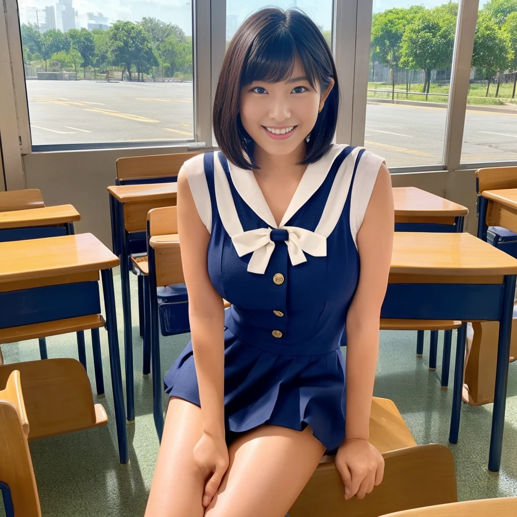 (One Woman)、(Looking at me with a smile)、Big Breasts、(Nobody background)、classroom、(whole body)、Showing her side、forward leaning posture、Short Hair、(A sleeveless one-piece sailor suit with buttons)、(Micro Skirt)